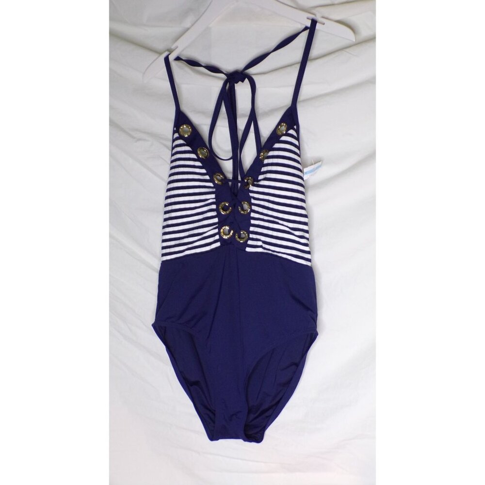 🆕LA BLANCA Sail Plunge Lace Up One Piece Swimsuit Navy Blue White 10 - Picture 7 of 10